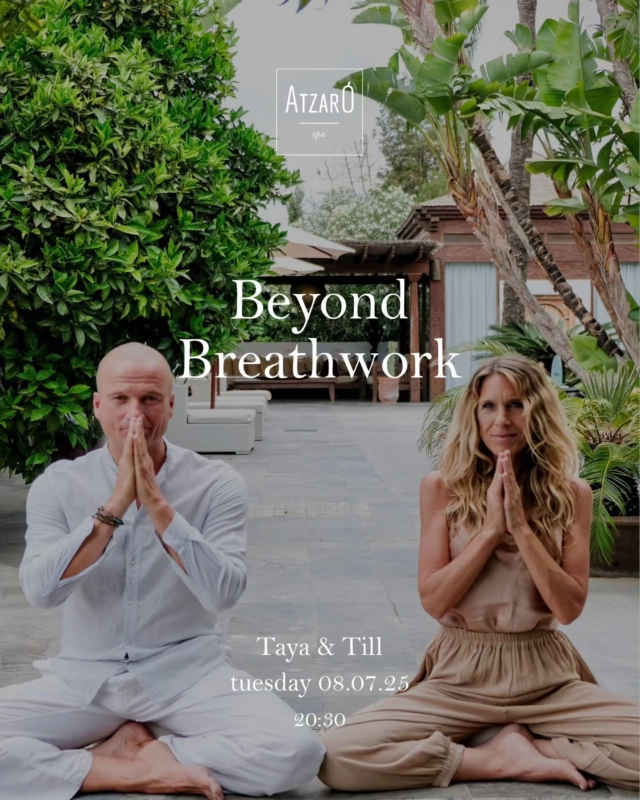 Beyond Breathwork

Tuesday 08.07.25 at 20:30

with Taya & Till

Through guided breathing, a safe, supportive space is created to release stress, connect deeply with the body, and access inner clarity

Whether you're new to breathwork or looking to deepen your practice, this session blends intuition, experience, and presence to help you reconnect with your natural rhythm and vitality

30€ pp

Reserve your place 
• +34 971 33 88 38 
• spa@atzaro.com

#atzarohotel #atzaroibiza #atzaro #atzarogroup

#atzarospa #naturalluxury #authenticibiza #ibizaspa #ibizahotel #ibizaresort 
#ibizaluxuryhotel #sustainablehotel #luxuryspa #holisticwellness #ibizawellness #ibiza #ibiza2025